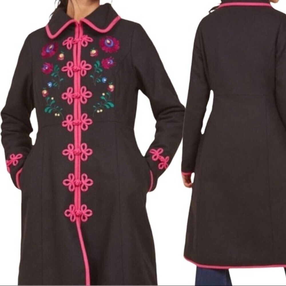 ModCloth coat womens Lovely Landscape black pink embroidered floral Sz M